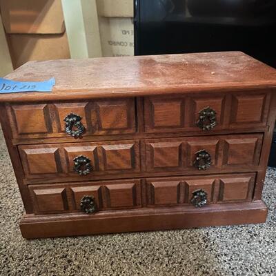 lot 213- small wooden jewelry box with contents