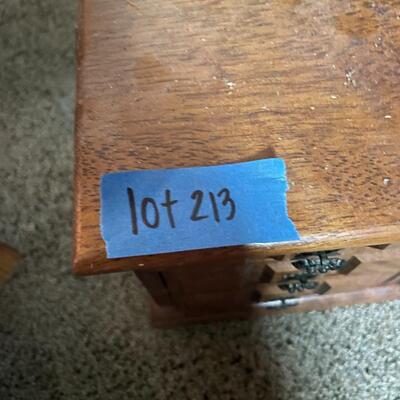 lot 213- small wooden jewelry box with contents