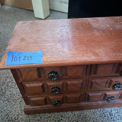 lot 213- small wooden jewelry box with contents