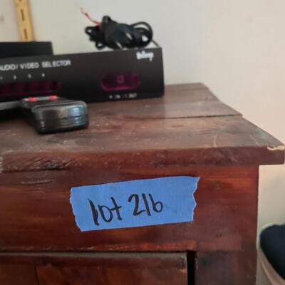 lot 216- retro cabinet on wheels with items on top