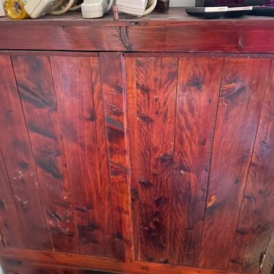 lot 216- retro cabinet on wheels with items on top