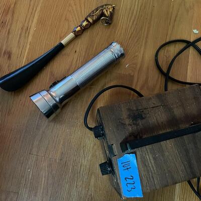 lot 223- Shoe horn, flashlight, heater