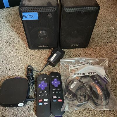 lot 224- KLH speaker, Insignia speaker, misc. roku remotes