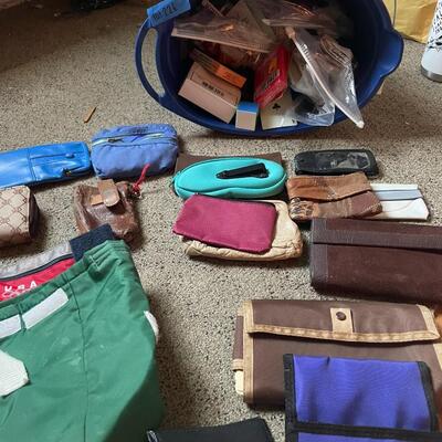 lot 226- Misc. bags, purses, wallets, bucket of misc. cards and more