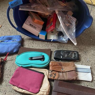 lot 226- Misc. bags, purses, wallets, bucket of misc. cards and more