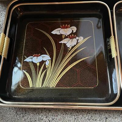 lot 227- magazine rack, set of (3) trays, box of microfiber rags