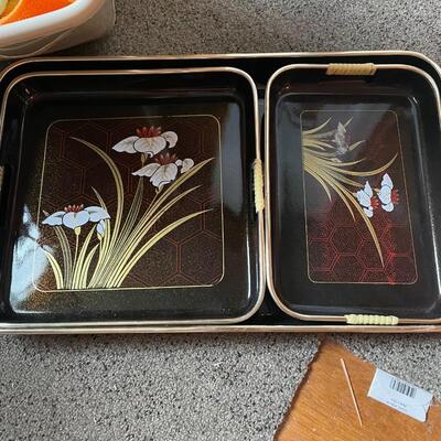 lot 227- magazine rack, set of (3) trays, box of microfiber rags