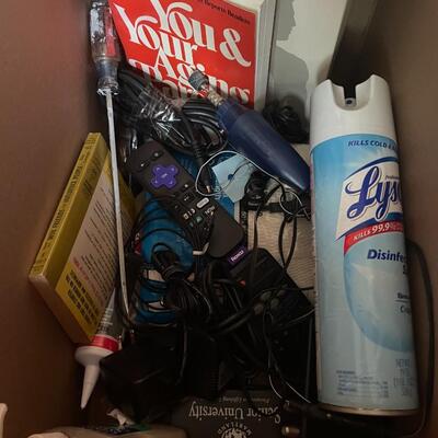 lot 229- Misc. box of electronics, tools, etc.