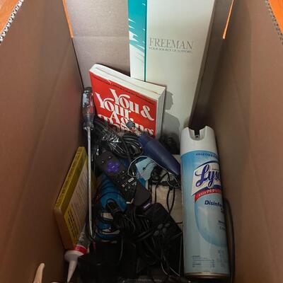 lot 229- Misc. box of electronics, tools, etc.