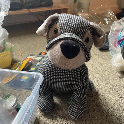 lot 230- box of misc. keys, keychains, dog door stopper, locks, bag of misc. toiletries 