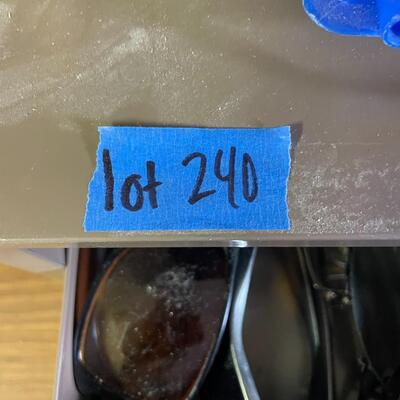 lot 240- filing box with contents, box of misc. cords