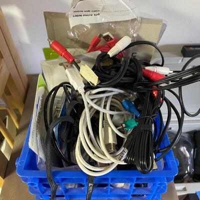 lot 240- filing box with contents, box of misc. cords