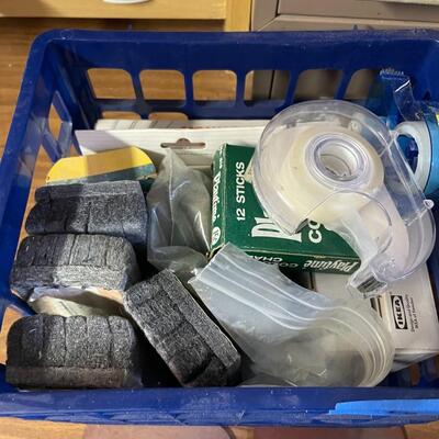 lot 247- box of chalk and erasers, (2) wood book ends, tape