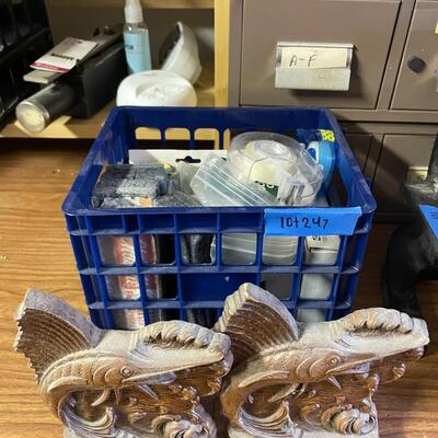 lot 247- box of chalk and erasers, (2) wood book ends, tape