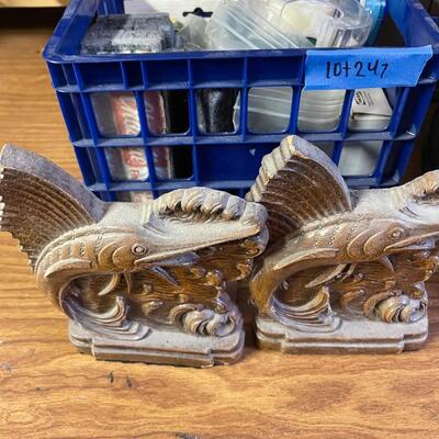 lot 247- box of chalk and erasers, (2) wood book ends, tape