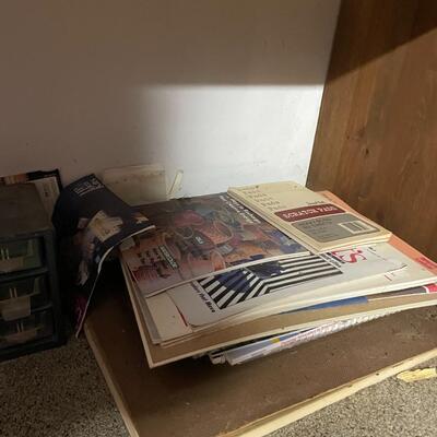 lot 249- shelves of items, books, cassettes, tools, lamps, videos circa 1950's, dell speakers, box, etc.