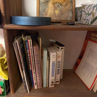 lot 249- shelves of items, books, cassettes, tools, lamps, videos circa 1950's, dell speakers, box, etc.