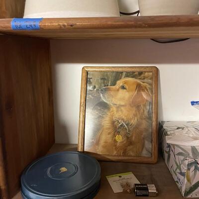 lot 249- shelves of items, books, cassettes, tools, lamps, videos circa 1950's, dell speakers, box, etc.