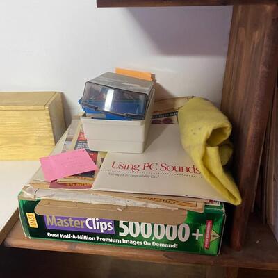 lot 249- shelves of items, books, cassettes, tools, lamps, videos circa 1950's, dell speakers, box, etc.
