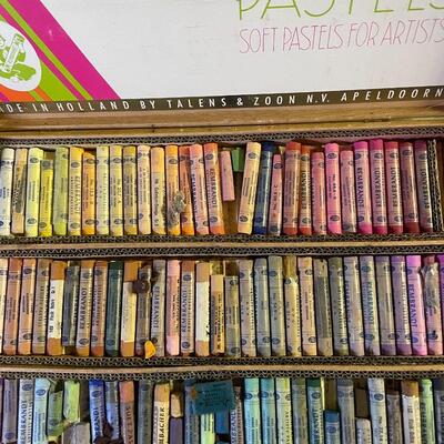 lot 251- vintage Holland box of pastels, wooden hat stretcher