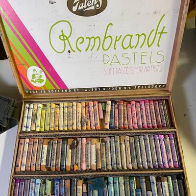 lot 251- vintage Holland box of pastels, wooden hat stretcher