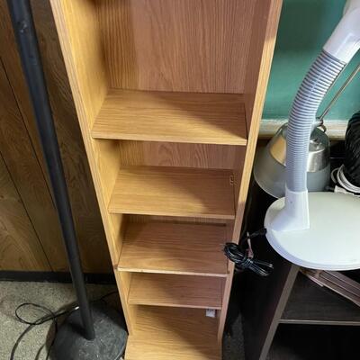 lot 256- Misc. lamps, black book case with contents, tall brown case