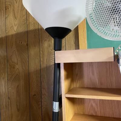 lot 256- Misc. lamps, black book case with contents, tall brown case