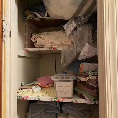 lot 265- closet with all contents linens, toiletries, vacuum, etc.