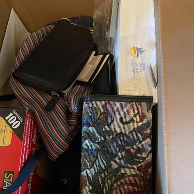 Lot 273- Box of misc. bags, wallets, and office supplies