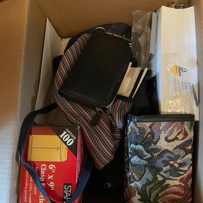 Lot 273- Box of misc. bags, wallets, and office supplies