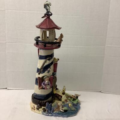 346. Clayworks Blue Sky Signed 2 pc. Ceramic Lighthouse by Heather Goldminc 