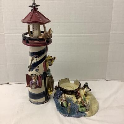 346. Clayworks Blue Sky Signed 2 pc. Ceramic Lighthouse by Heather Goldminc 