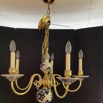 348. Beautiful Delft Pottery & Brass Hanging Lamp