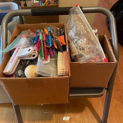 lot 298- box of crafts, trash bins, stool