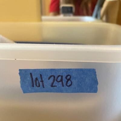 lot 298- box of crafts, trash bins, stool