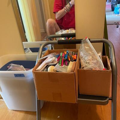lot 298- box of crafts, trash bins, stool