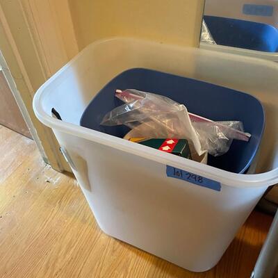 lot 298- box of crafts, trash bins, stool