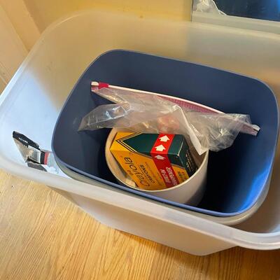 lot 298- box of crafts, trash bins, stool