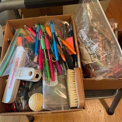 lot 298- box of crafts, trash bins, stool