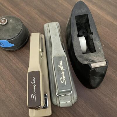 lot 317- Vintage pencil sharpener, tape dispenser, (2) staplers