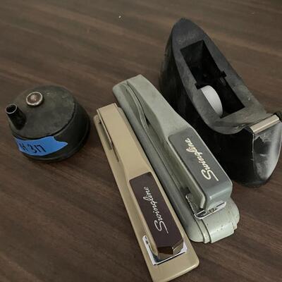 lot 317- Vintage pencil sharpener, tape dispenser, (2) staplers
