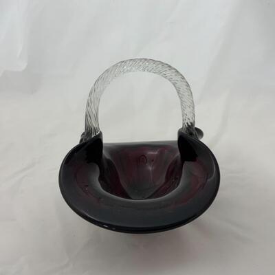[34] Substantial Art Glass Basket | Ruby and Clear