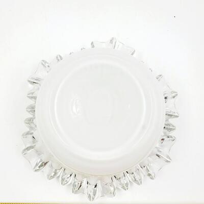WHITE GLASS BOWL AND 2 PLATES WITH RUFFLED SILVER CRESTED EDGE