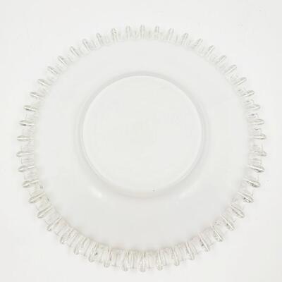 WHITE GLASS BOWL AND 2 PLATES WITH RUFFLED SILVER CRESTED EDGE