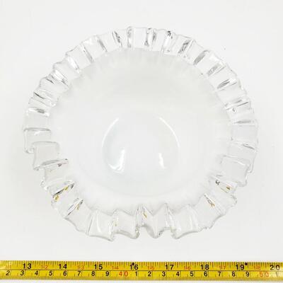 WHITE GLASS BOWL AND 2 PLATES WITH RUFFLED SILVER CRESTED EDGE