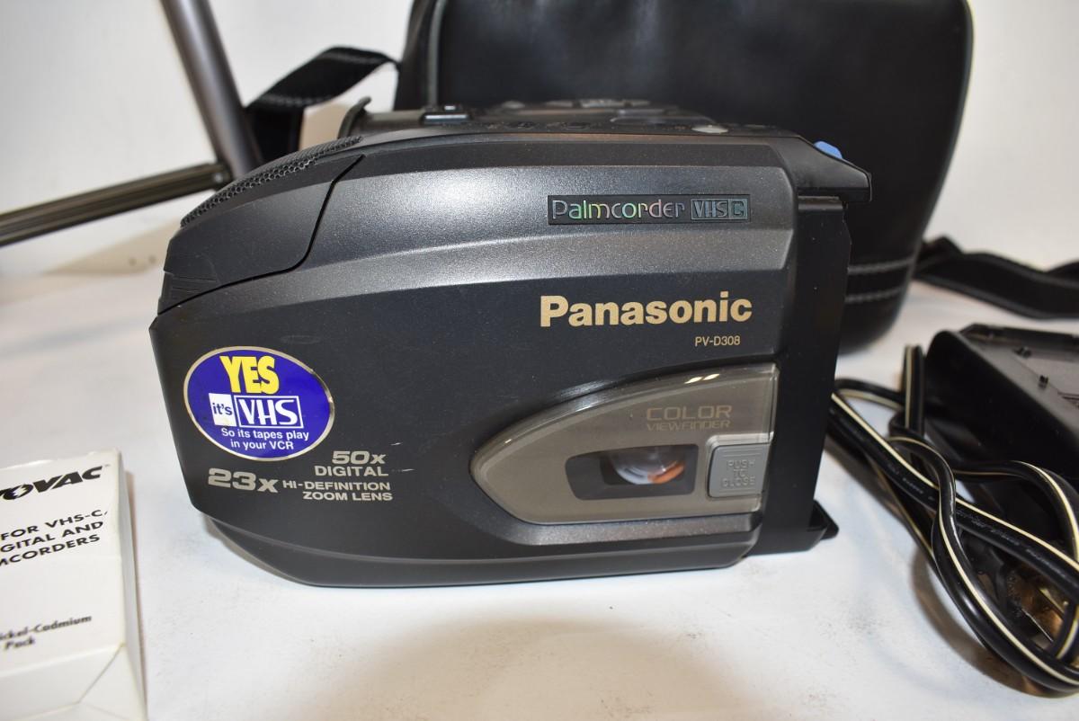 Panasonic Palmcorder VHS-C PV-D308 with battery, charger, bag, & tripod.  Works | EstateSales.org