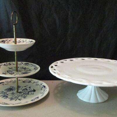 Gailstyn Co. Blue Lin 611 Three Tier Serving Tray and Milk Glass Cake Platter