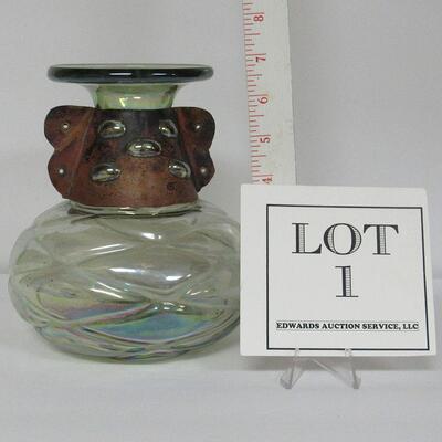 Vintage Bohemian/Czechoslovakian Art Glass Vase With Copper Collar, Great Pontil On Bottom, Iridized