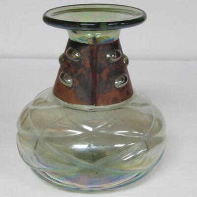 Vintage Bohemian/Czechoslovakian Art Glass Vase With Copper Collar, Great Pontil On Bottom, Iridized