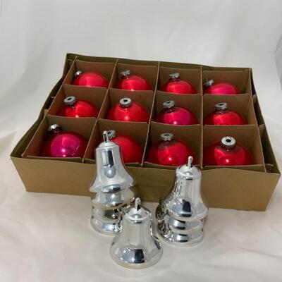 [77] VINTAGE | Red 3â€ Ornaments | Plastic Silver Bells
